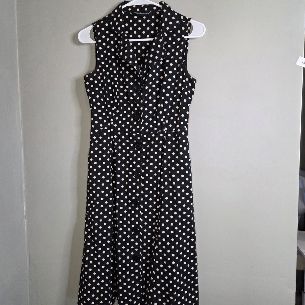 Mille Gabrielle Polka Dot Dress Sleeveless Button Front Black White Women Medium